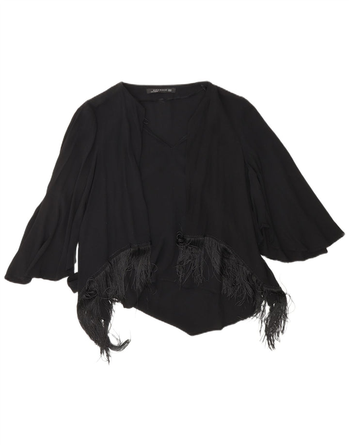 ZARA Mujer Blusa Manga 3/4 Top UK 6 XS Viscosa Negra