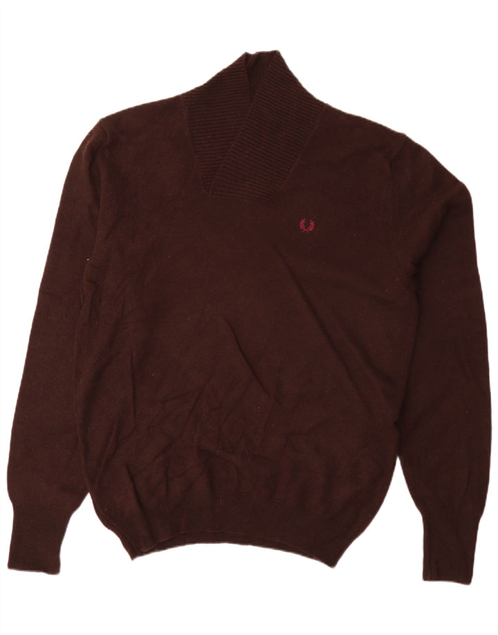 Fred Perry Jersey con cuello tipo chal para hombre, talla grande, de lana de cordero marrón