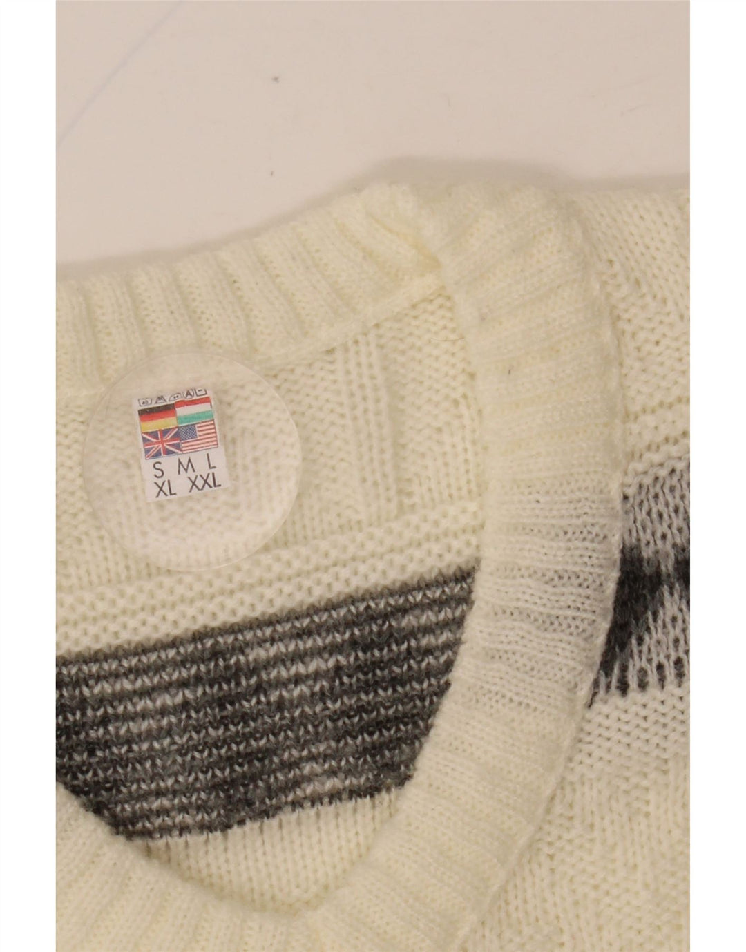 VINTAGE Hombres V-Cuello Jumper Suéter Grande Off White Fair Isle