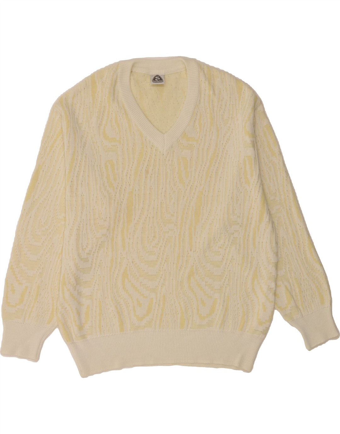 VINTAGE Mens Abstract Pattern V-Neck Jumper Sweater EU 52 Large Yellow Vintage Vintage and Second-Hand Vintage from Messina Hembry 