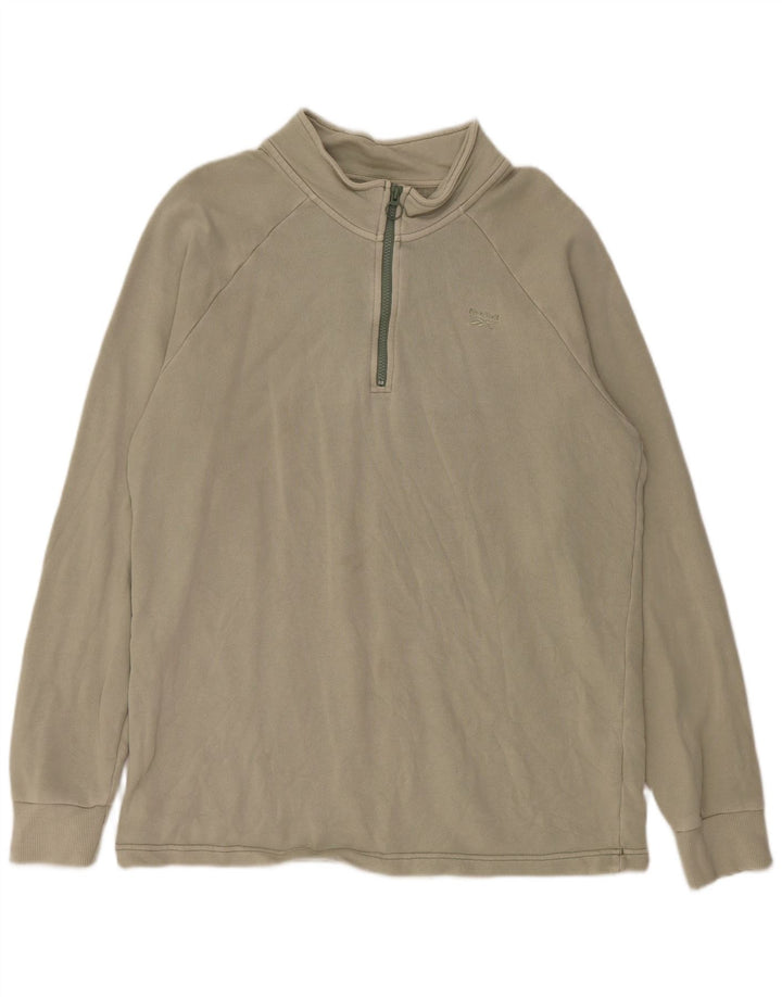 REEBOK Hombre Cremallera Cuello Sudadera Jumper Grande Caqui Algodón