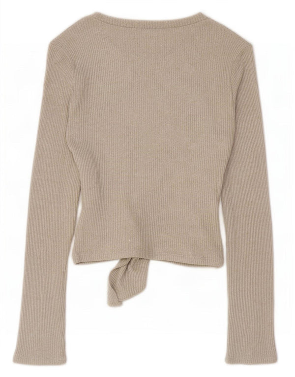 Zara Mujer Top Con Lazo Frontal Manga Larga UK 10 Small Viscosa Beige