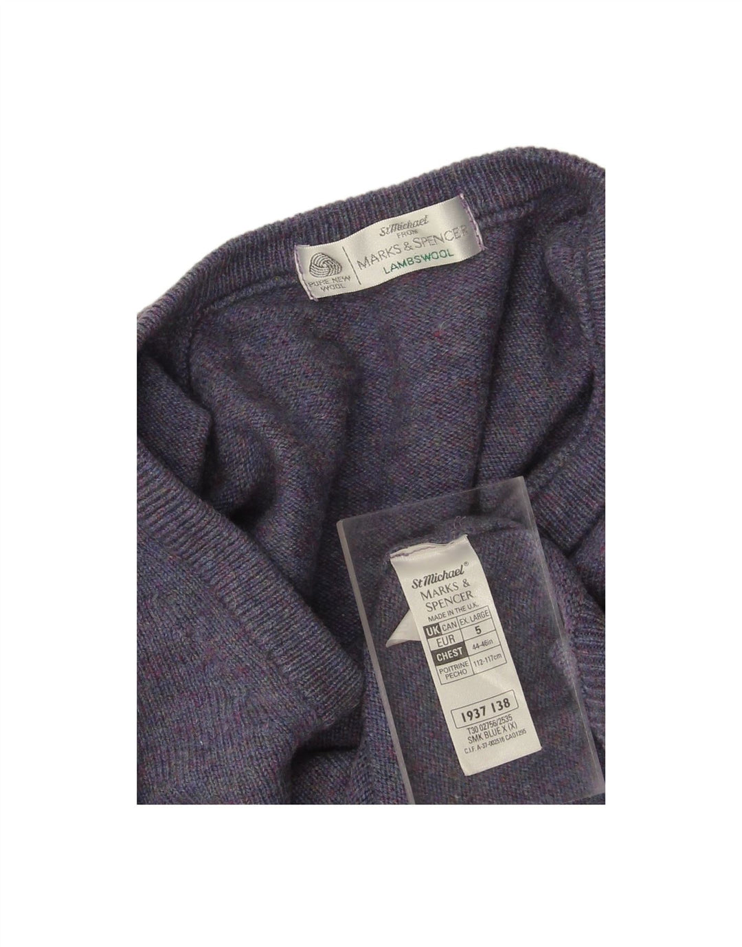 MARKS & SPENCER Mens V-Neck Jumper Sweater XL Blue Lambswool
