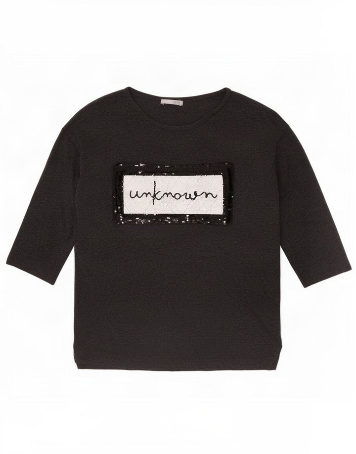 Zara Mujer Top Gráfico Manga 3/4 UK 10 Small Gris Lyocell