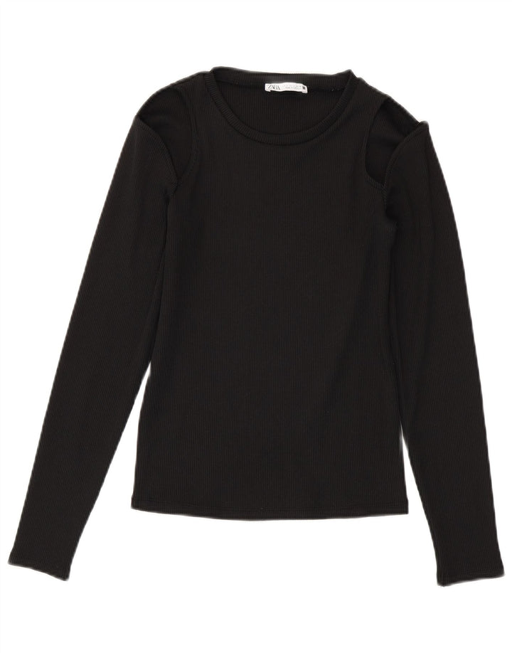 Zara Mujer Crop Top Manga Larga UK 8 Small Poliéster Negro