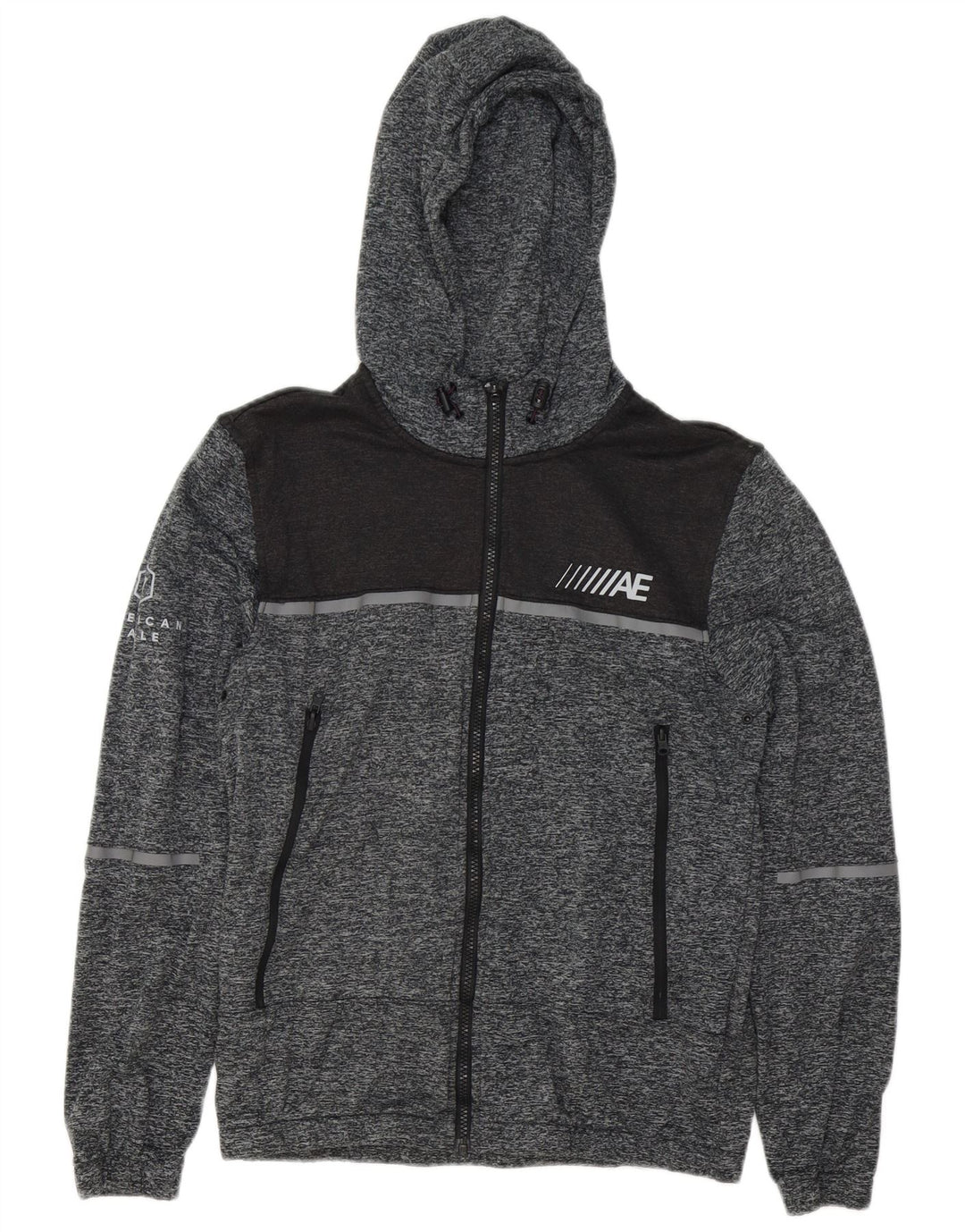 AMERICAN EAGLE Suéter con capucha y cremallera gráfica para hombre, tamaño pequeño, gris moteado