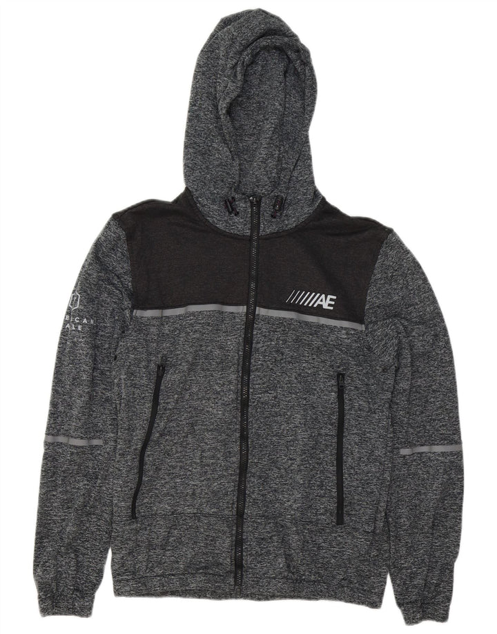 AMERICAN EAGLE Suéter con capucha y cremallera gráfica para hombre, tamaño pequeño, gris moteado