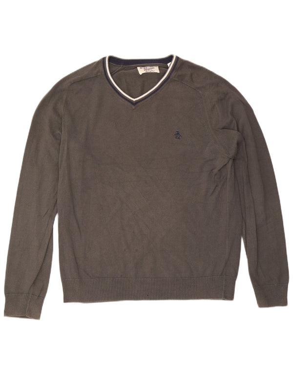 Penguin - Jersey con cuello en V para hombre, talla XL, algodón a rayas, color gris