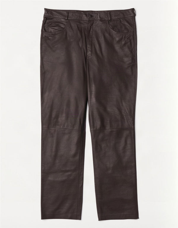 Pantalones de cuero rectos vintage para mujer W36 L32 Negro