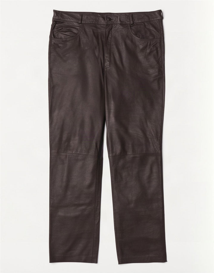 Pantalones de cuero rectos vintage para mujer W36 L32 Negro