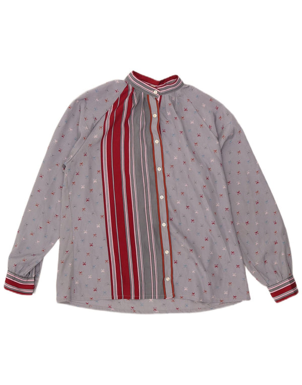 Vintage mujer camisa de manga larga blusa Reino Unido 16 poliéster de rayas grises grandes