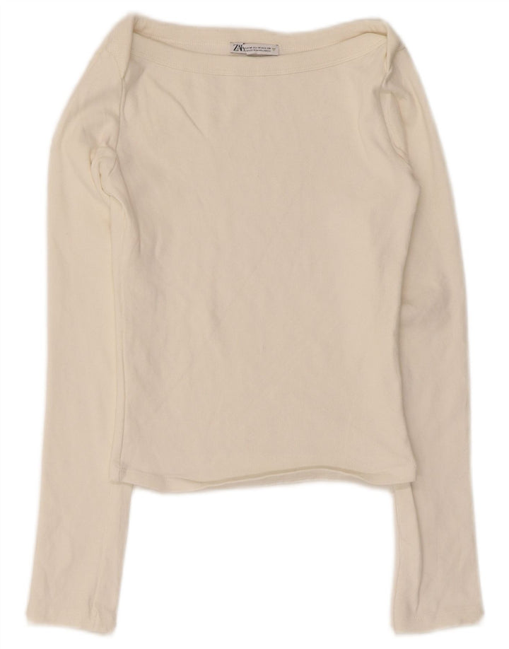 Zara Mujer Crop Top Manga Larga UK 12 Medium Off White