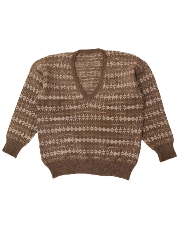 Vintage hombres V-cuello jumper suéter medio gris rayas