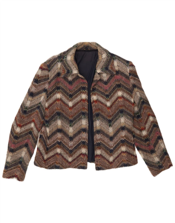 Vintage mujer punto abierto blazer chaqueta Reino Unido 12 medio multicolor Chevron