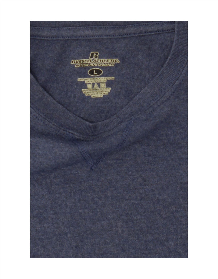 RUSSELL ATHLETIC Mens Graphic T-Shirt Top Large Navy Blue Polyester Vintage Russell Athletic and Second-Hand Russell Athletic from Messina Hembry 