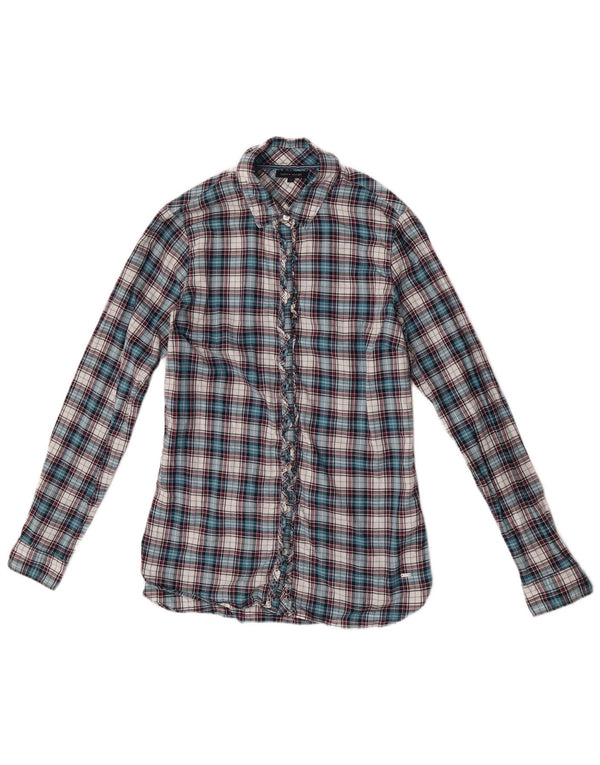 Tommy Hilfiger Blusa con volantes en la parte delantera para mujer US 6 Medium Blue Check