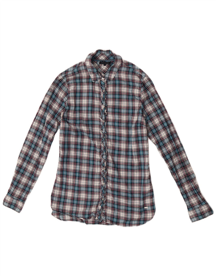 Tommy Hilfiger Blusa con volantes en la parte delantera para mujer US 6 Medium Blue Check