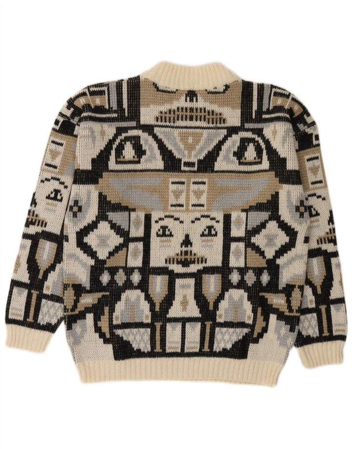 Vintage hombres simulado cuello jersey suéter pequeño multicolor lana geométrica