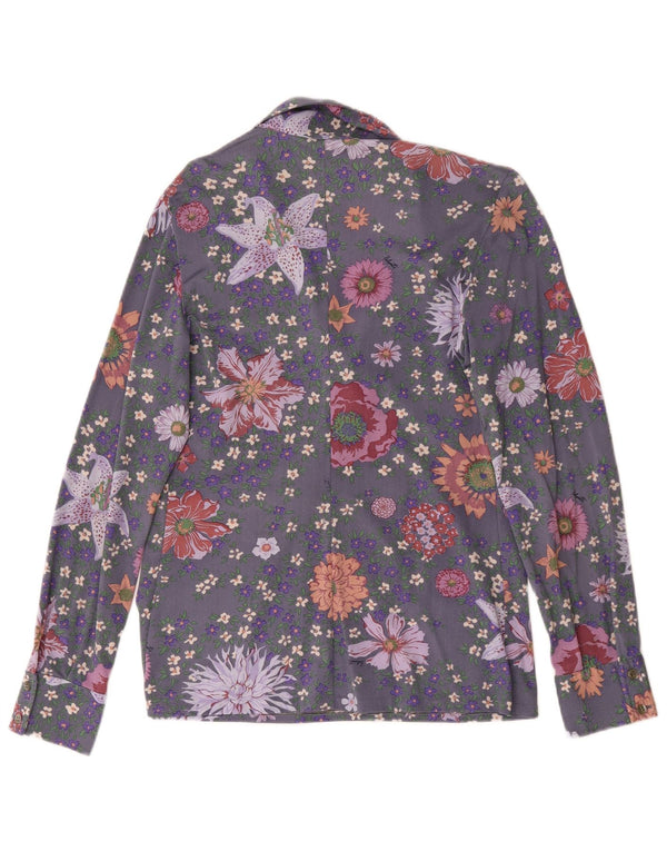 Vintage mujer manga larga pullover camisa Reino Unido 14 gris medio floral