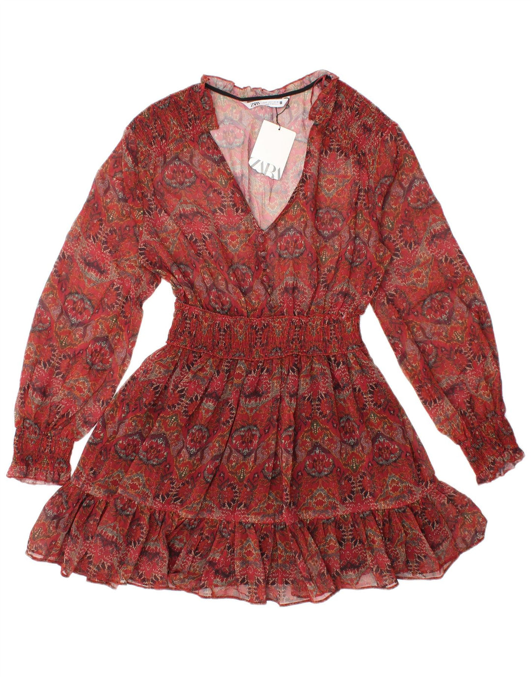 ZARA Top tipo túnica transparente de manga larga para mujer UK 8 Small Red Floral