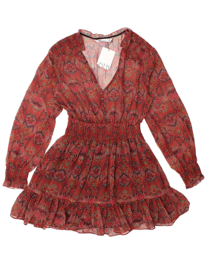 ZARA Top tipo túnica transparente de manga larga para mujer UK 8 Small Red Floral