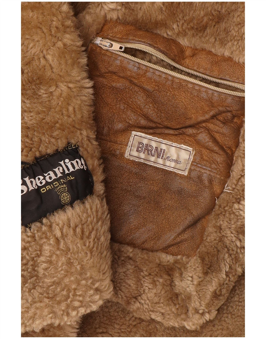 Vintage hombres con capucha shearling abrigo Reino Unido 36 pequeño marrón