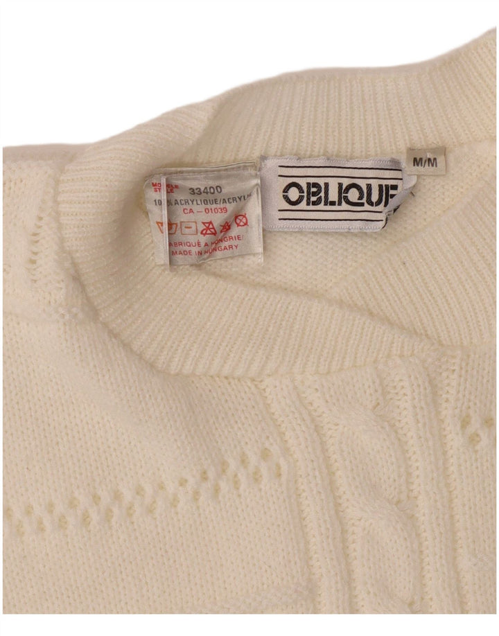 VINTAGE Mens Crew Neck Jumper Sweater Medium White Acrylic