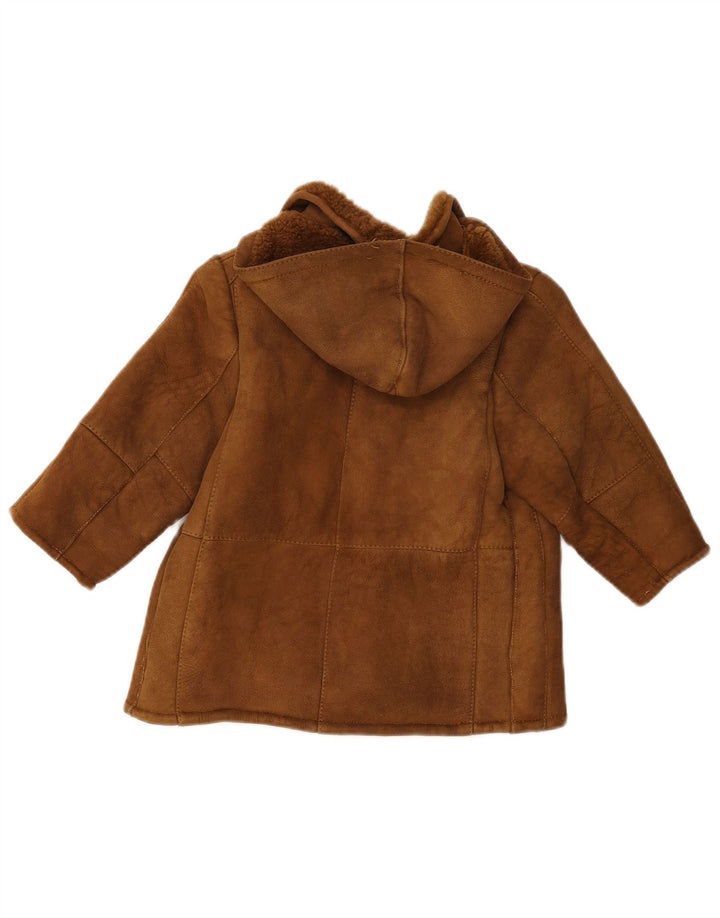 Chaqueta de piel de oveja con capucha para niñas vintage 7-8 años Marrón