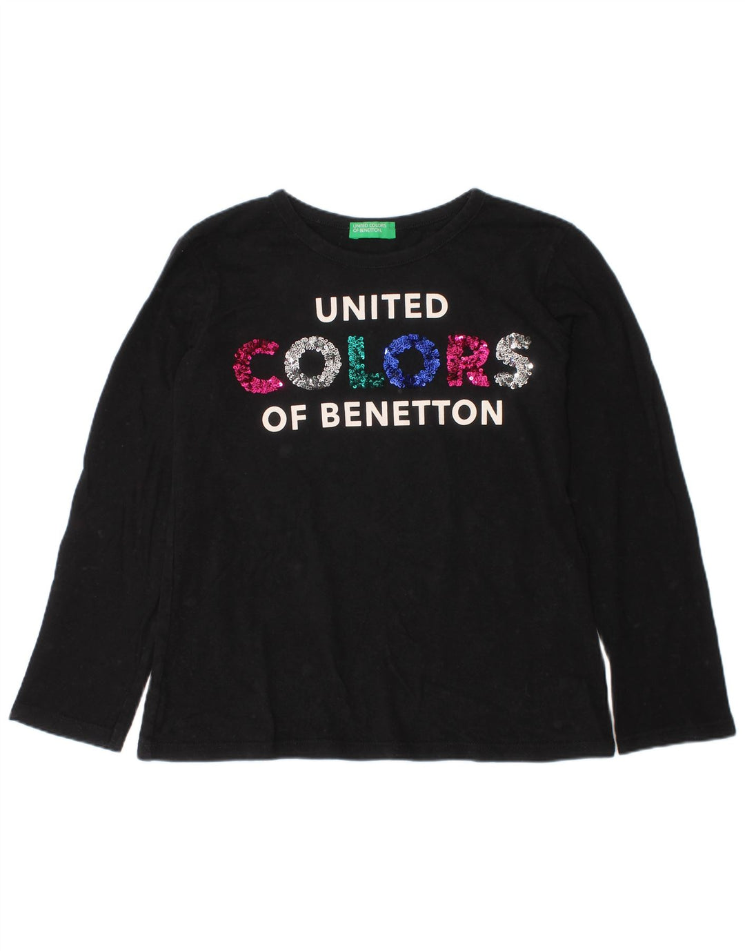 BENETTON Top Estampado para Niñas Manga Larga 6-7 Años Pequeño Algodón Negro