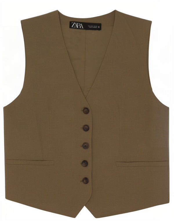 Zara Mujer Chaleco UK 10 Small Caqui Poliéster