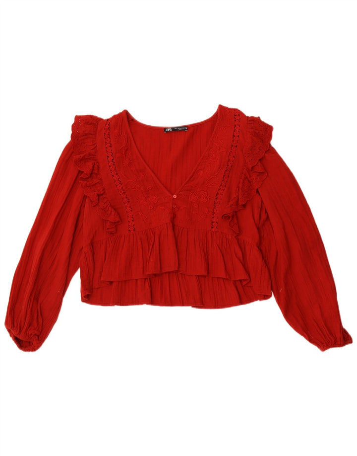 Zara Blusa Corta De Manga Larga Para Mujer Top UK 10 Small Poliéster Rojo