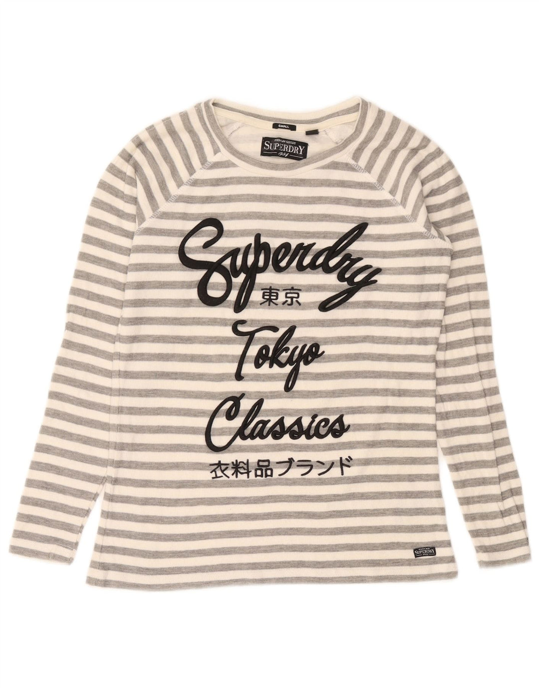 Superdry Mujer Top Gráfico Manga Larga UK 40 Pequeño Algodón A Rayas Gris