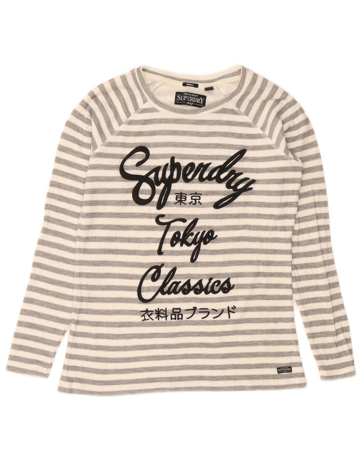 Superdry Mujer Top Gráfico Manga Larga UK 40 Pequeño Algodón A Rayas Gris
