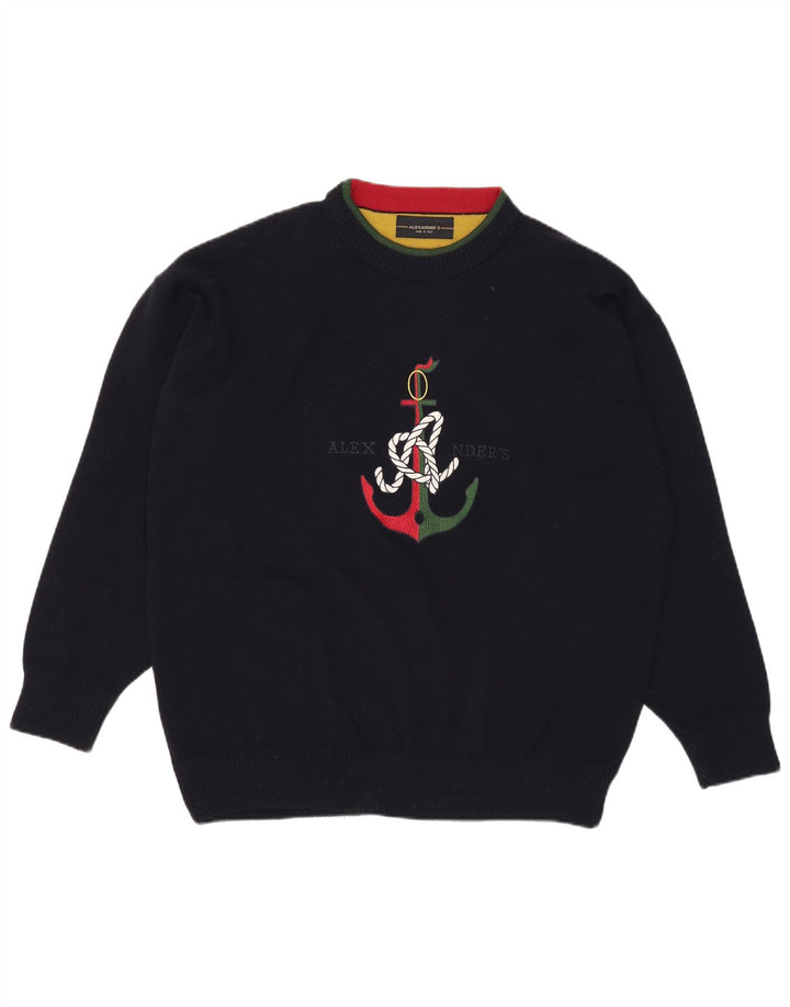 Alexander's Jersey con cuello redondo y gráfico para hombre, talla 2XL, lana azul marino
