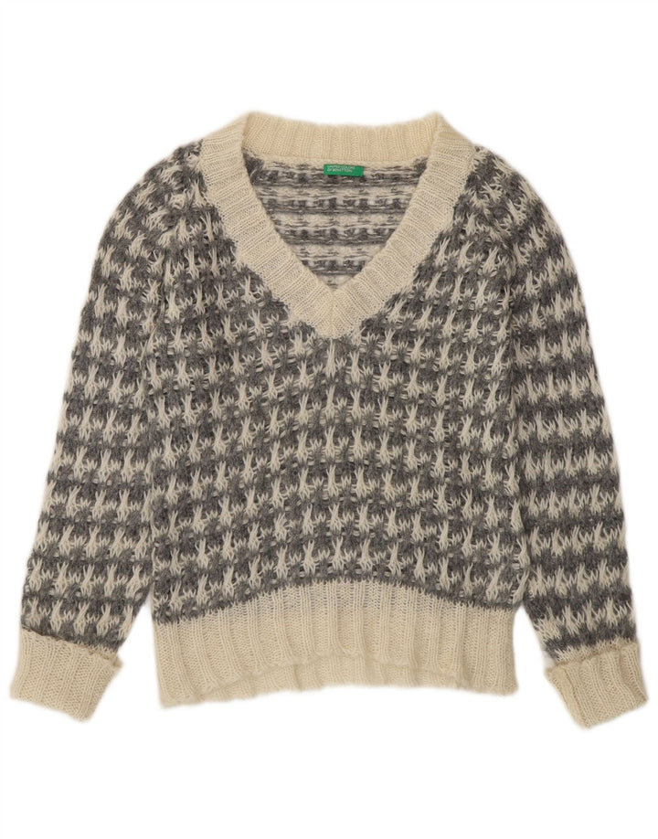 Benetton Jersey Con Cuello En V Para Mujer ES 44 Gris Medio Pata De Gallo