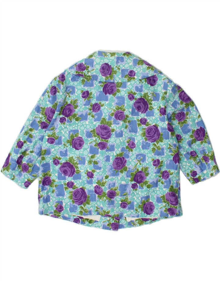 VINTAGE Womens 3/4 Sleeve 3 Button Blazer Jacket IT 44 Medium Blue Floral Vintage Vintage and Second-Hand Vintage from Messina Hembry 