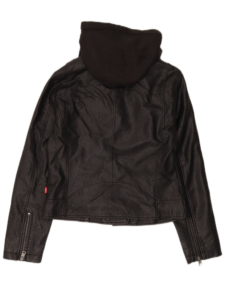 Levi's Chaqueta motera de piel sintética con capucha para mujer, talla 40, talla M, color negro