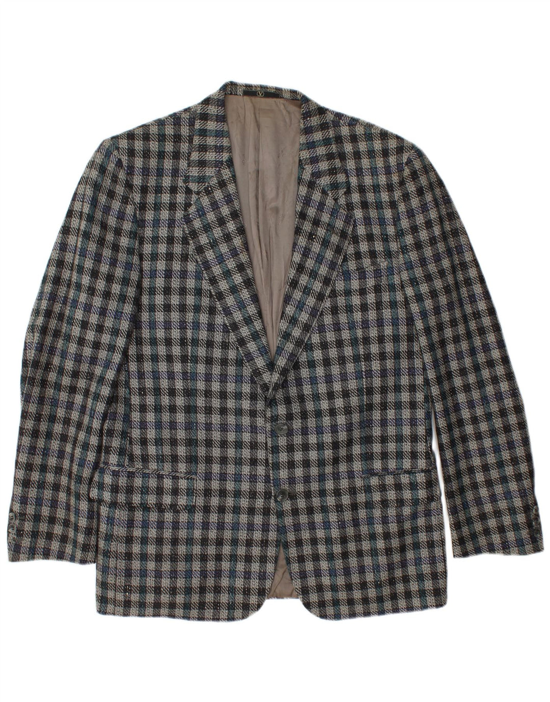 VALENTINO Chaqueta tipo blazer de 2 botones para hombre IT 50 Large Blue Check Lana virgen