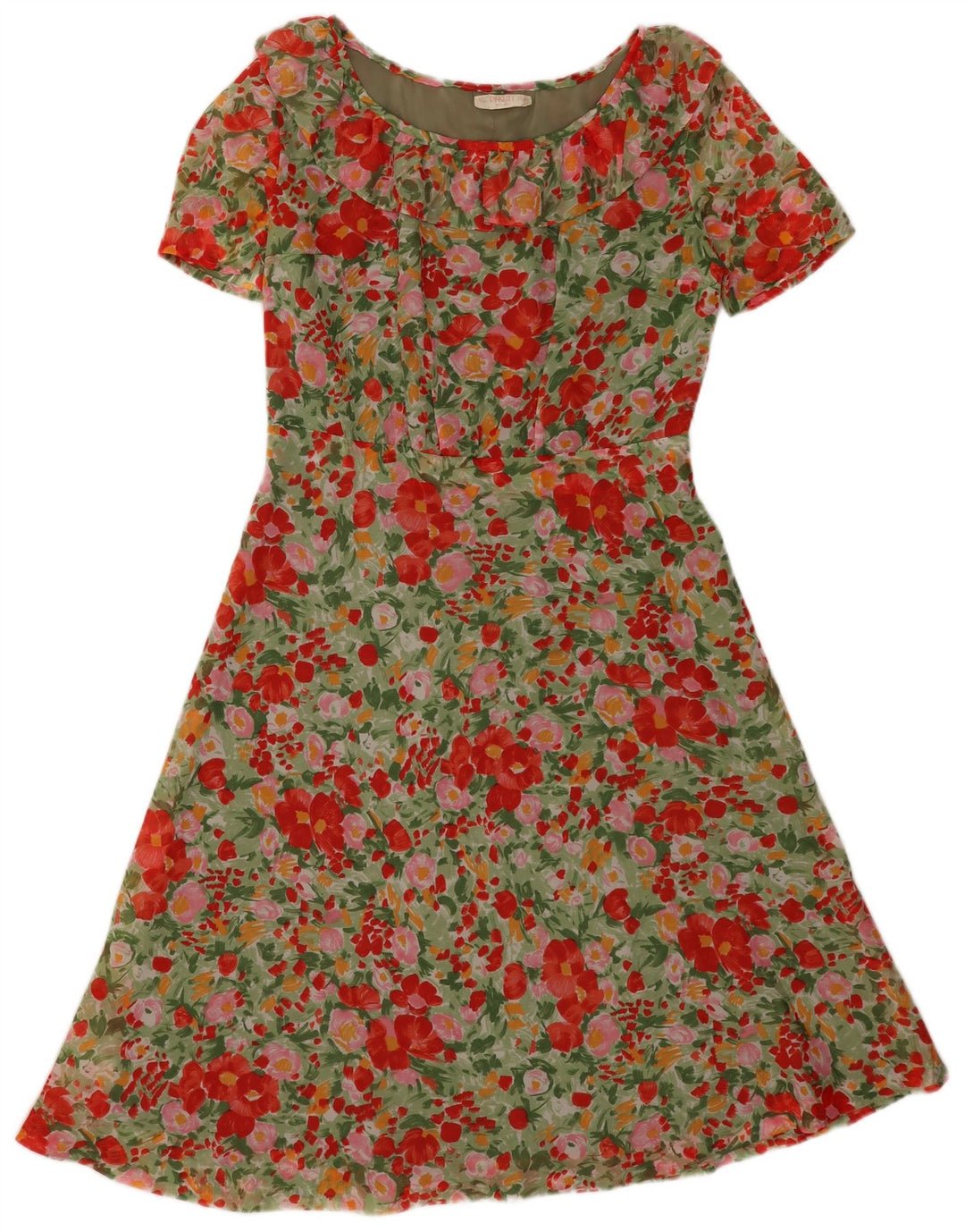 Vintage mujer A-Line vestido Reino Unido 12 medio multicolor floral poliamida