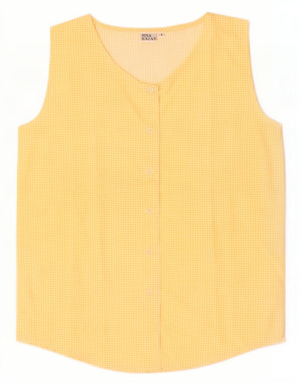 Vintage mujer oversize camisa sin mangas blusa Reino Unido 10 pequeño cheque amarillo
