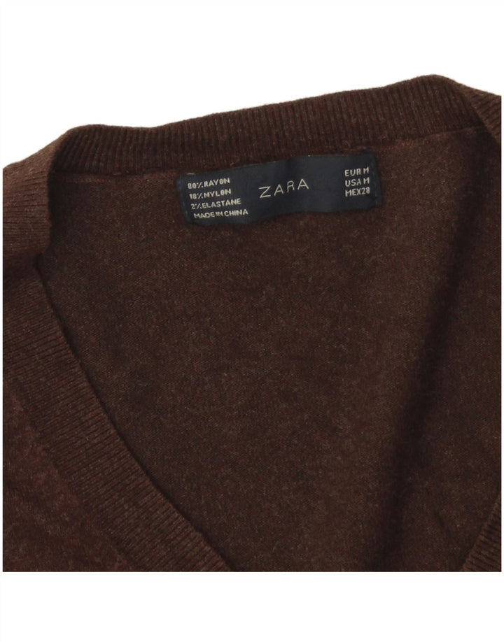 Zara - Jersey con cuello en V para mujer, talla 40, rayón marrón medio