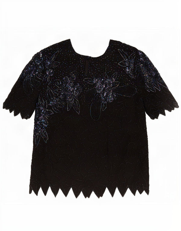 Vintage mujer noche blusa Top Reino Unido 18 XL negro floral seda
