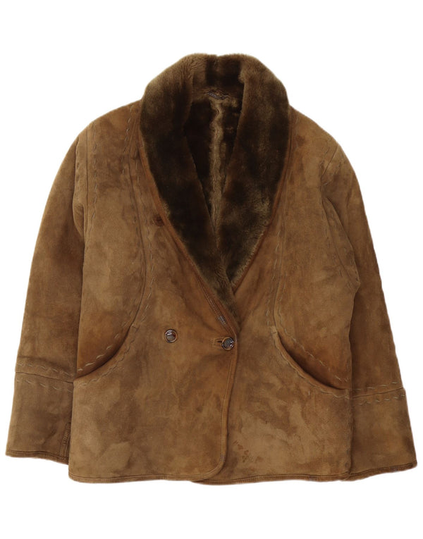 Chaqueta de piel de oveja vintage para mujer IT 42 Caqui medio