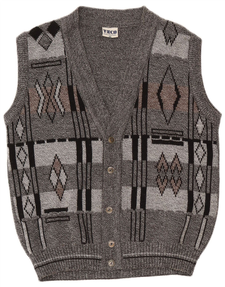 Vintage hombres sin mangas Cardigan suéter medio gris geométrico acrílico