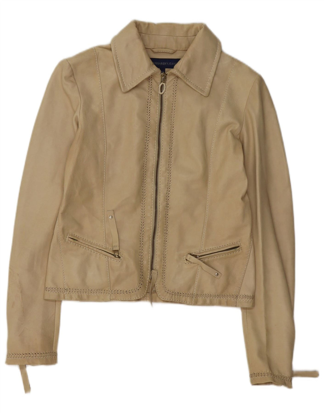 TRUSSARDI JEANS Chaqueta corta de cuero para mujer IT 44 Cuero beige medio