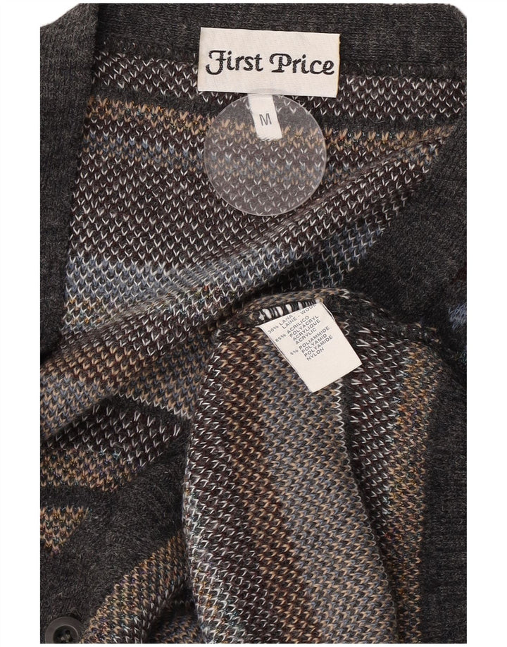 Vintage hombres Cardigan suéter medio gris lana geométrica