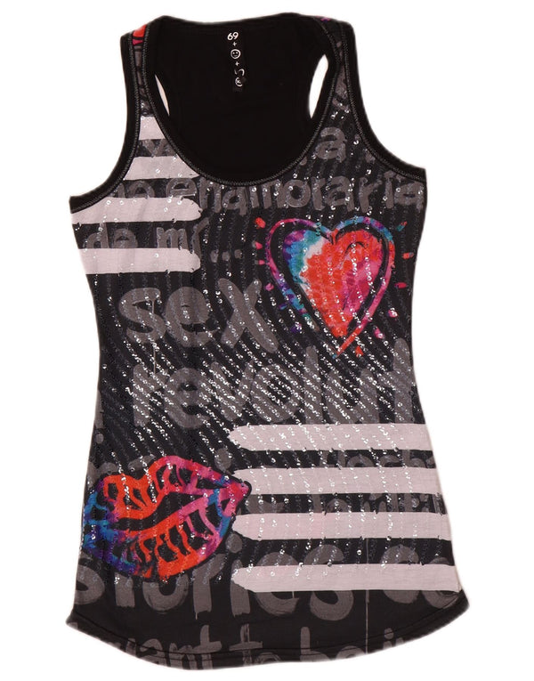 Desigual Mujer Gráfico Chaleco Top UK 6 XS Negro Rayas