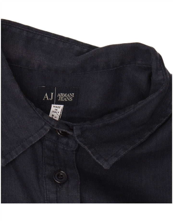 ARMANI JEANS Camisa de manga corta para mujer UK 44 Medium Lino azul marino