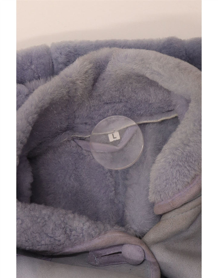 Vintage mujer con capucha chaqueta de piel de oveja Reino Unido 16 gran patchwork púrpura