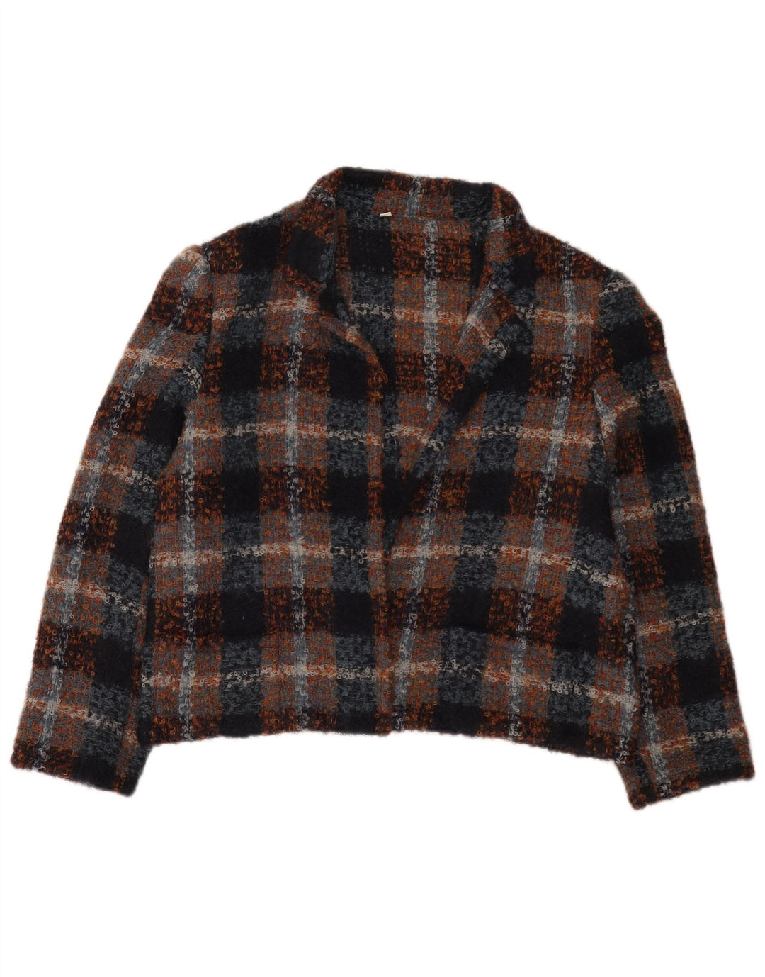 Vintage mujer abierta chaqueta bolero IT 48 XL lana de cuadros multicolor